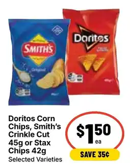 Ritchies Doritos Corn Chips, Smith's Crinkle Cut or Stax Chips offer