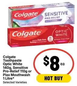 Ritchies Colgate Toothpaste Optic White Sensitive Pro Relief or Plax Mouthwash offer
