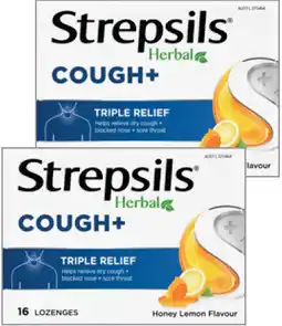 Amcal Pharmacies Strepsils Herbal Cough+ Triple Relief Honey Lemon Flavour 16 Lozenges offer