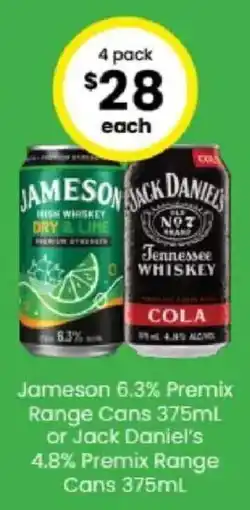 The Bottle O Jameson 6.3% Premix Range Cans or Jack Daniel's 4.8% Premix Range Cans offer