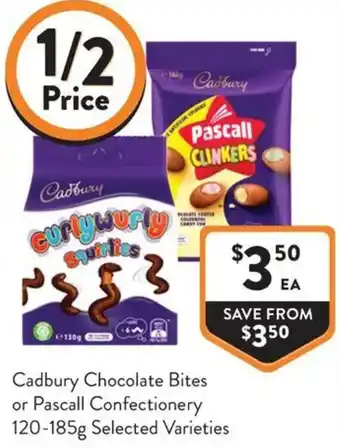 Cadbury Chocolate Bites or Pascall Confectionery