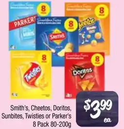 Farmer Jack's Smith's, Cheetos, Doritos, Sunbites, Twisties or Parker's offer