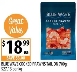 Supabarn BLUE WAVE COOKED PRAWNS TAIL ON offer
