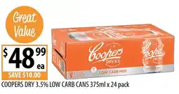 Supabarn Coopers dry 3.5% low carb cans offer
