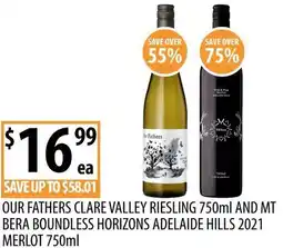 Supabarn Our fathers clare valley riesling and mt bera boundless horizons adelaide hills 2021 merlot offer