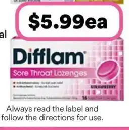 Priceline Difflam Sore Throat Lozenges Sugar Free Strawberry 16 Lozenges offer