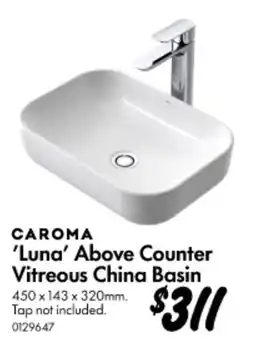 Bunnings Luna Above Counter Vitreous China Basin offer