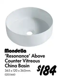 Bunnings Resonance Above Counter Vitreous China Basin offer