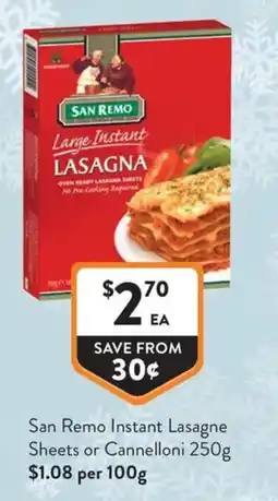 Foodworks San Remo Instant Lasagne Sheets or Cannelloni offer