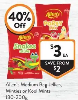 Foodworks Allen's Medium Bag Jellies, Minties or Kool Mints offer