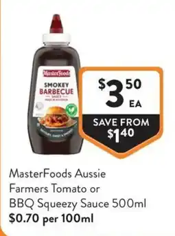 Foodworks MasterFoods Aussie Farmers Tomato or BBQ Squeezy Sauce offer