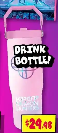 JB Hi-Fi Kpop Demon Hunters branded drink bottle with a straw offer