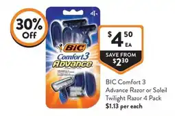 Foodworks BIC Comfort3 Advance Razor or Soleil Twilight Razor offer