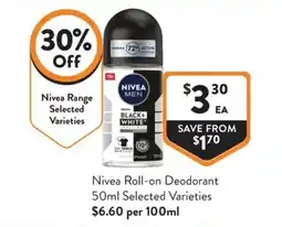 Foodworks Nivea Roll-on Deodorant Selected Varieties offer
