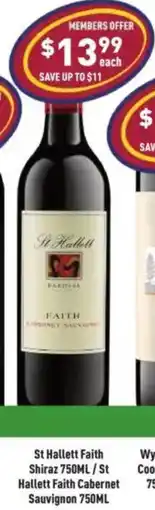 Liquor Legends St Hallett Faith Shiraz /St Hallett Faith Cabernet Sauvignon offer
