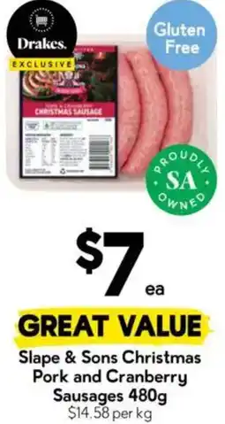 Drakes Slape & Sons Christmas Pork and Cranberry Sausages offer