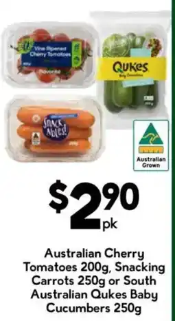 Drakes Australian Cherry Tomatoes Snacking Carrots or South Australian Qukes Baby Cucumbers offer