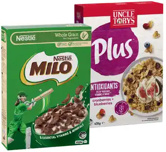 IGA Uncle Tobys Plus Cereal 410-435g or Nestlé Milo Cereal 330-350g Selected Varieties offer