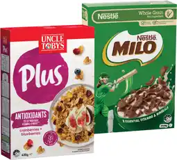 IGA Uncle Tobys Plus 385‑435g Selected Varieties or Nestlé Milo Wholegrain Cereals 350g offer