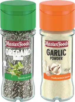 IGA MasterFoods Oregano Leaves 10g or Garlic Powder 45g offer