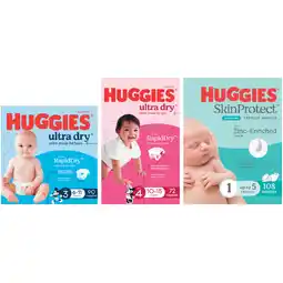 Woolworths Huggies Ultra Dry Nappies Pk 60-90 or Newborn or Infant Skin Protect Jumbo Nappies Pk 96-108 offer