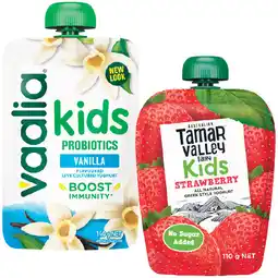 Woolworths Tamar Valley Kids Yoghurt Pouch 110g or Vaalia Kids Probiotic Yoghurt Pouch 140g – From the Fridge offer