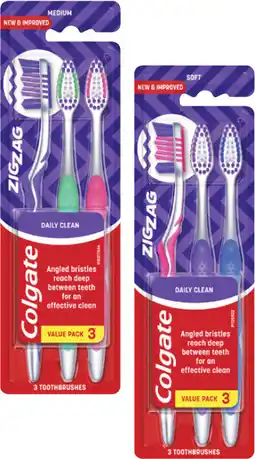 Coles Colgate Zig Zag Medium or Soft Toothbrush 3 Pack offer