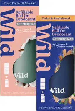 Coles NEW Wild 72hr Refillable Roll On Deodorant Aqua or Navy Case 50mL offer