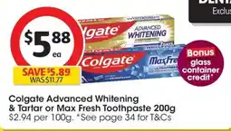 Coles Colgate Advanced Whitening & Tartar or Max Fresh Toothpaste offer