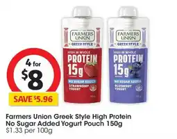 Coles Farmers Union Greek Style High Protein No Sugar Added Yogurt Pouch offer
