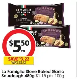 Coles La Famiglia Stone Baked Garlic Sourdough offer