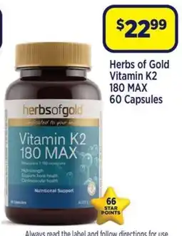 Star Discount Chemist Herbs of Gold Vitamin K2 180 MAX 60 Capsules offer