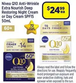 Star Discount Chemist Nivea Q10 Anti-Wrinkle Extra Nourish Deep Restoring Night Cream or Day Cream SPF15 offer