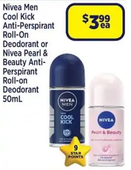 Star Discount Chemist Nivea Men Cool Kick Anti-Perspirant Roll-On Deodorant or Nivea Pearl & Beauty Anti- Perspirant offer
