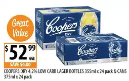 Supabarn Coopers dry 4.2% low carb lager bottles & cans offer