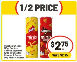 IGA Twisties Cheese, Doritos Cheese Supreme or Cheetos Cheese & Bacon Minis Canister offer