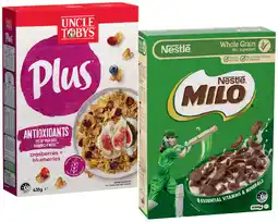 IGA Uncle Tobys Plus Cereal 410‑435g or Nestlé Milo Cereal 330‑350g Selected Varieties offer