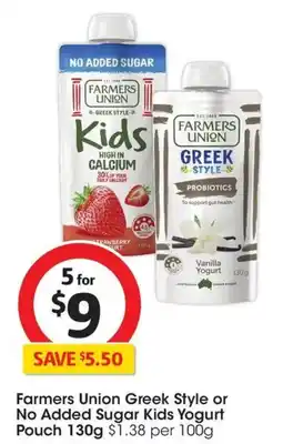 Coles Farmers Union Greek Style or No Added Sugar Kids Yogurt Pouch offer