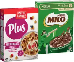IGA Uncle Tobys Plus Cereal 410‑435g or Nestlé Milo Cereal 330‑350g Selected Varieties offer
