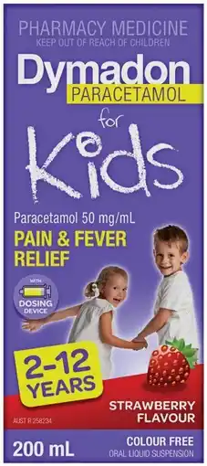 Pharmacy Best Buys Dymadon Paracetamol For Kids Pain & Fever Relief 2-12 Years Strawberry Flavour offer