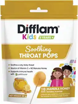Pharmacy Best Buys Difflam Kids 3 Years + Soothing Throat Pops Manuka Honey Natural Flavour 10 Pops offer