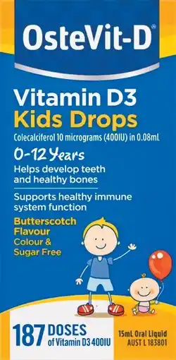 Pharmacy Best Buys OsteVit-D Vitamin D3 Kids Drops 0-12 Years Butterscotch Flavour 187 Doses offer