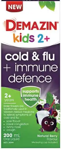 Pharmacy Best Buys Demazin Kids 2+ Years Cold & Flu + Immune Defence Natural Berry Flavour Oral Liquid offer