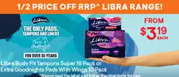 Discount Drug Stores Libra Body Fit Tampons Super or Extra Goodnights Pads With Wings offer