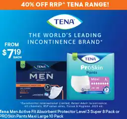 Discount Drug Stores Tena Men Activate Fit Absorbent Protecture level 3 Super ProSkin Pants Maxi large 10 pack offer