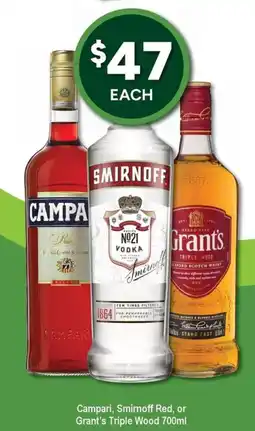 Bottler Campari, Smirnoff Red, or Grant's Triple Wood offer
