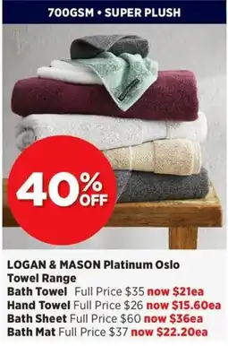 Spotlight Logan & Mason Platinum Oslo Towel Range offer