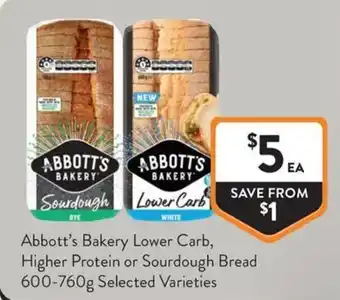 Foodworks Abbott's Bakery Lower Carb, Higher Protein or Sourdough Bread offer