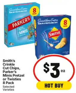 IGA Smith's Crinkle Cut Chips, Parker's Pretzel or Twists 8 Pack Selected Varieties offer