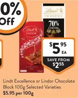 Foodworks Lindt Excellence or Lindor Chocolate Block offer